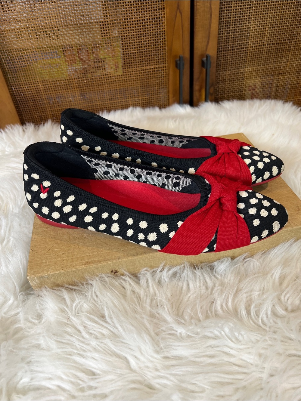 Vivaia Bibi Stretch Knit Almond Toe Ballet Flats Abstract Dots with Red Bow